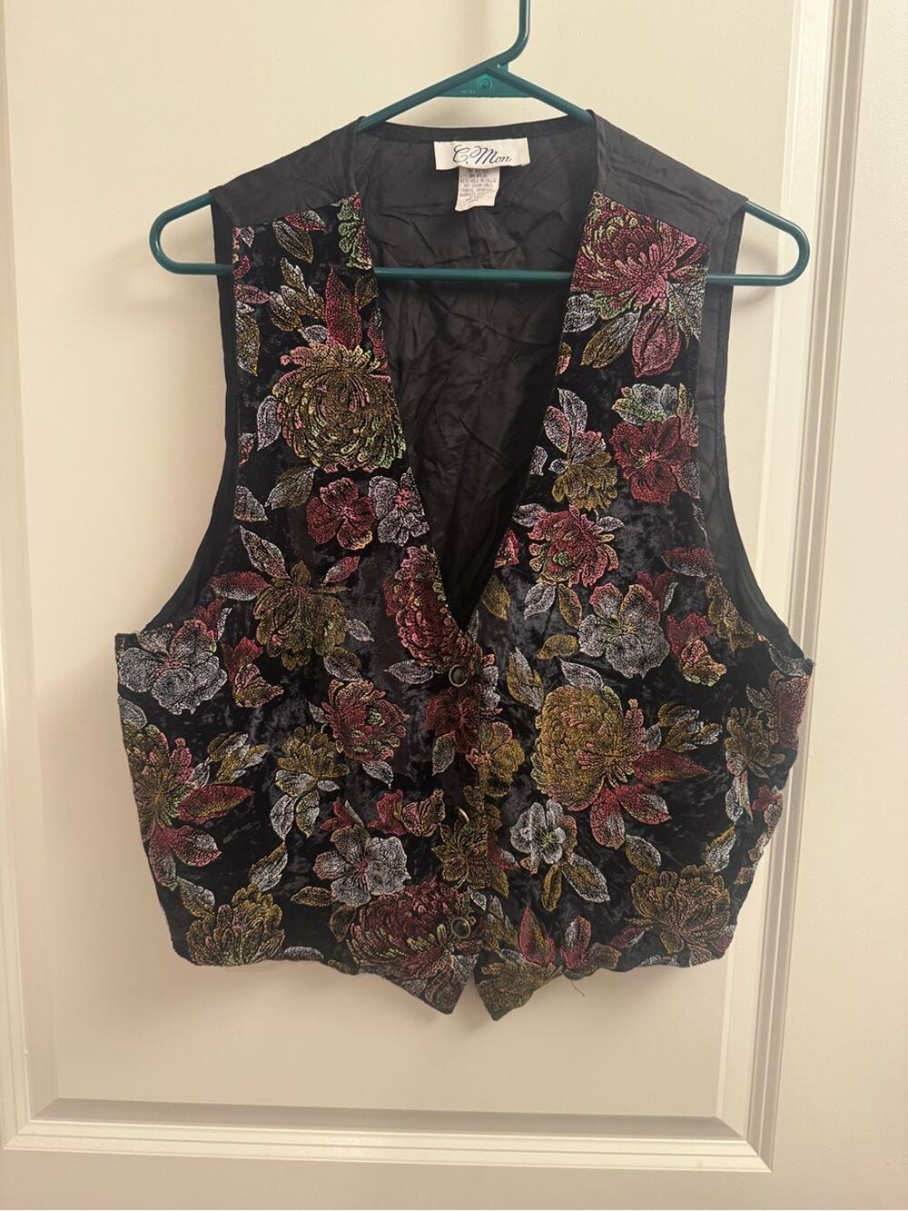 Vintage Embroidered Floral Velvet Vest with Multicolor Blooms